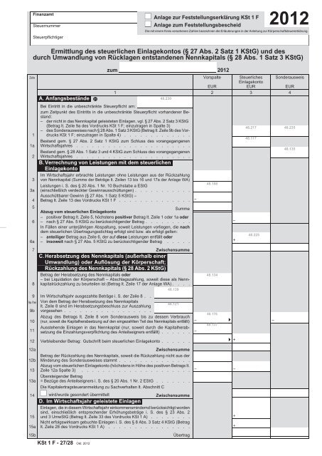 Ermittlung des steuerlichen Einlagekontos (§ 27 Abs. 2 Satz 1 KStG ...