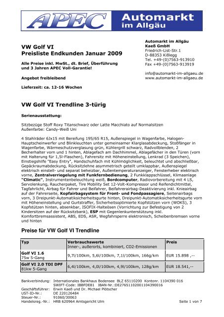 Vw Golf Vi Preisliste Endkunden Brutto Dinser Kaess Gmbh