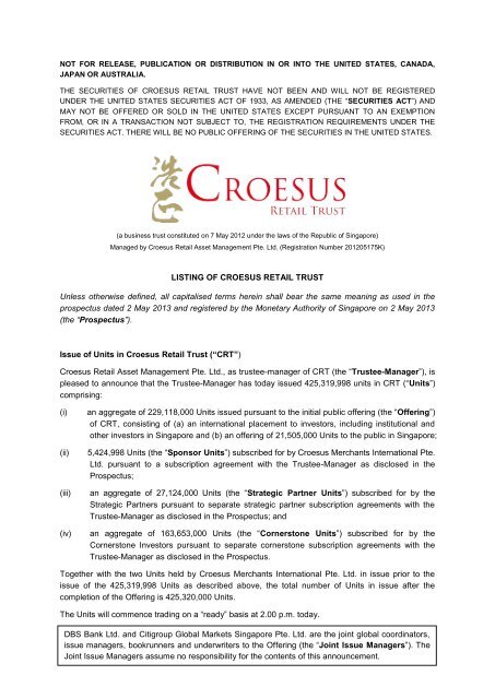 1 Listing Of Croesus Retail Trust Unless Otherwise Defined
