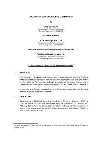 VOLUNTARY UNCONDITIONAL CASH OFFER DBS Bank Ltd. MYK ...