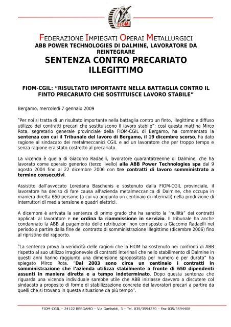 Bergamo: sentenza contro il precariato illegittimo - Fiom - Cgil