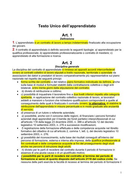 Testo unico per l'apprendistato - Coordinamento Nazionale RSU