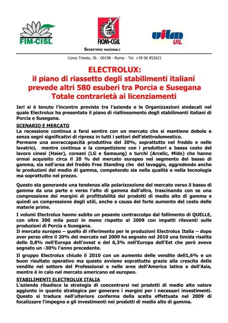 Electrolux: il piano di riassetto degli stabilimenti italiani prevede altri ...