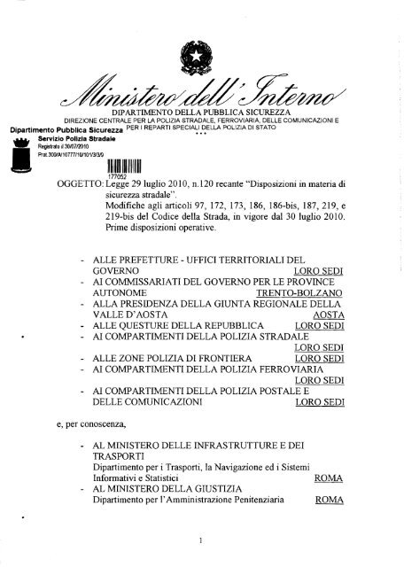 Circolare 30 luglio 2010 - Polizia di Stato