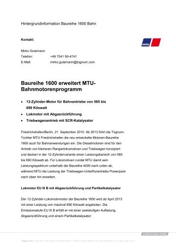 Baureihe 1600 erweitert MTU- Bahnmotorenprogramm