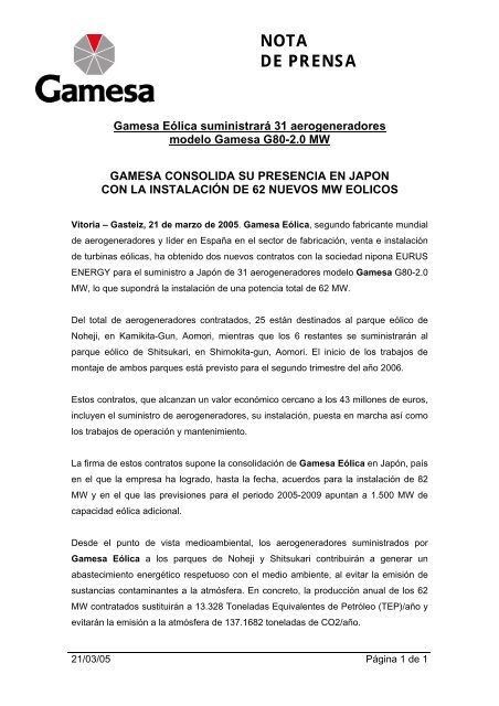 Gamesa comunica que consolida su presencia en Japón con la ...