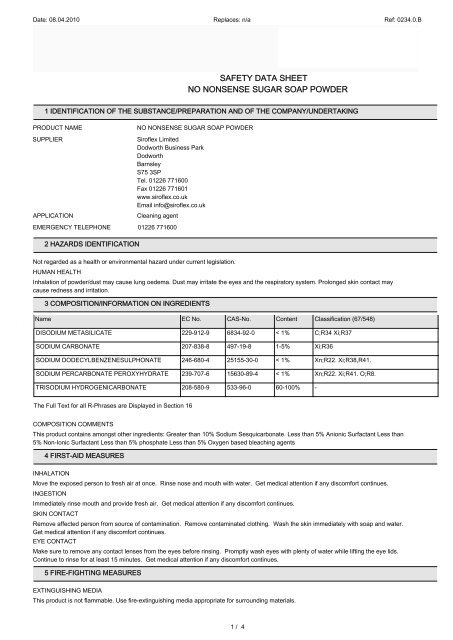 safety data sheet no nonsense sugar soap powder - Free-Instruction ...