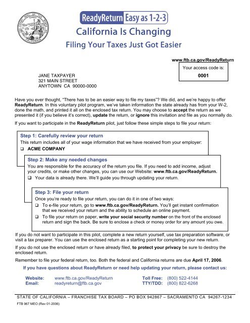 ReadyReturn Refund Letter - FTB.ca.gov - State of California