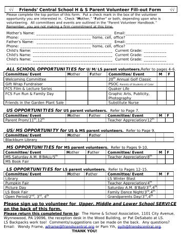√√ Friends' Central School H & S Parent Volunteer Fill-out Form √√