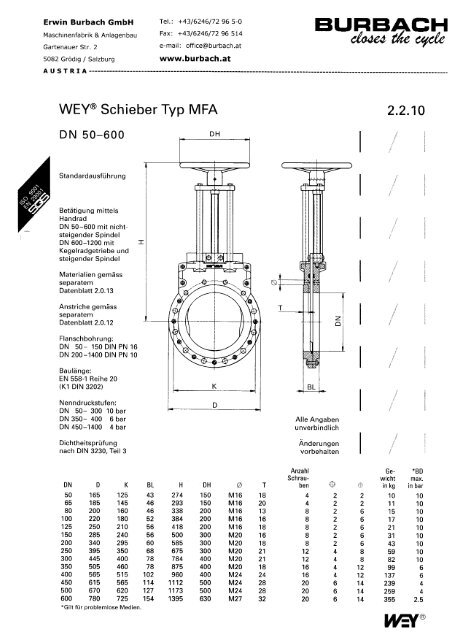 Maß- Datenblatt DN 50 bis 500 - Erwin Burbach
