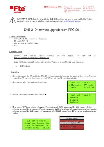 DVB 310 firmware upgrade from PRO 201 - FTE Maximal