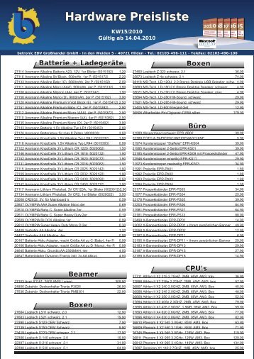 Hardware Preisliste - Betronic EDV Großhandel GmbH