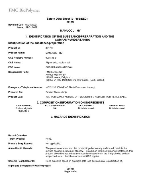 MANUCOL HV 1. IDENTIFICATION OF THE SUBSTANCE ...