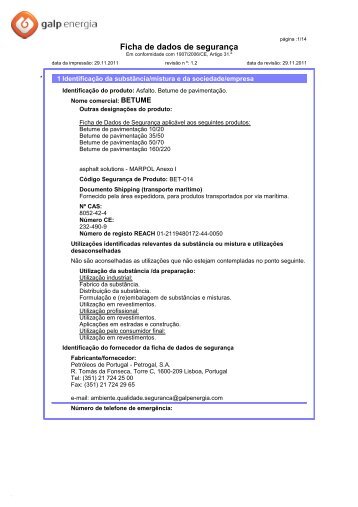 Ficha segurança betumes convencionais e duros ... - Galp Energia