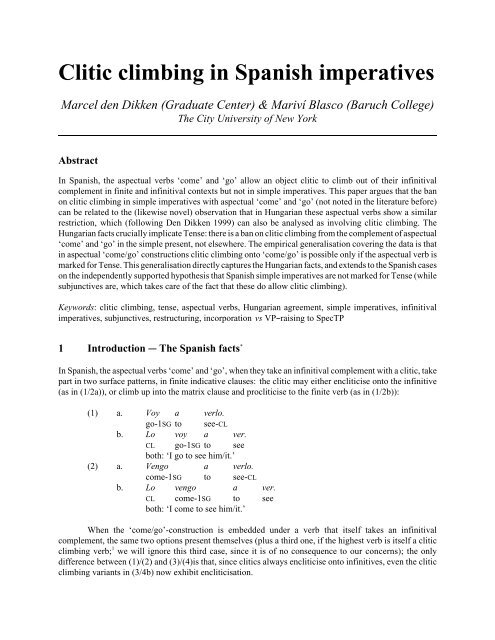 Clitic climbing in Spanish imperatives - CUNY Graduate Center