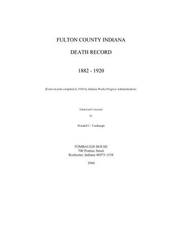 FULTON COUNTY INDIANA DEATH RECORD 1882 - 1920