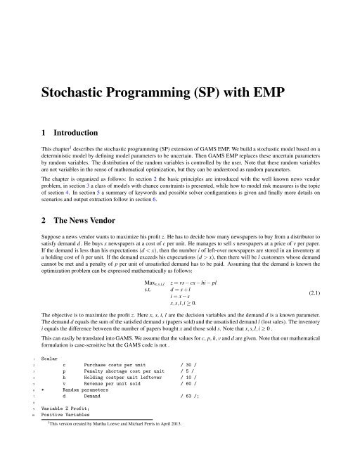 Stochastic Programming (SP) with EMP - Gams