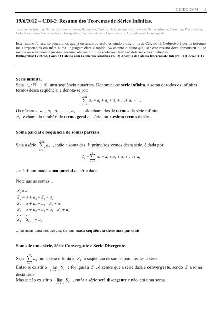 19/6/2012 – CDI-2: Resumo dos Teoremas de Séries Infinitas