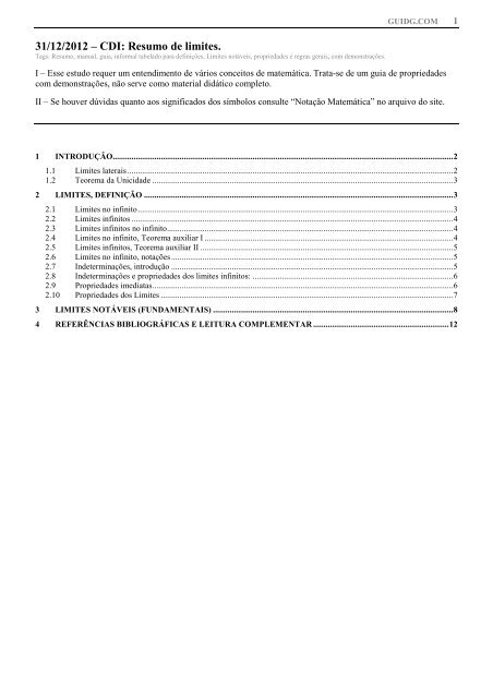 31/12/2012 â CDI: Resumo de limites.