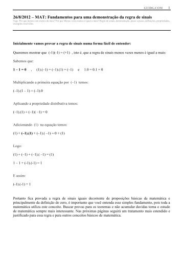 26/8/2012 – MAT: Fundamentos para uma demonstração da regra de sinais