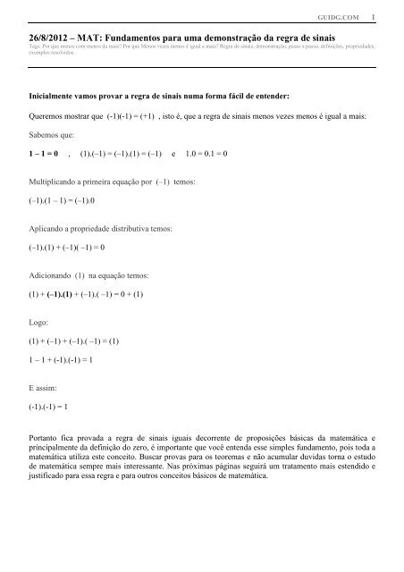 26/8/2012 – MAT: Fundamentos para uma demonstração da regra de sinais