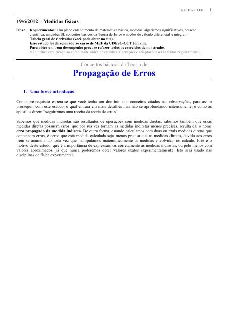 19/6/2012 - Conceitos básicos da Teoria de  Propagação de Erros 