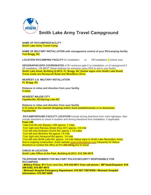 Smith Lake Army Travel Campground Fort Bragg Mwr