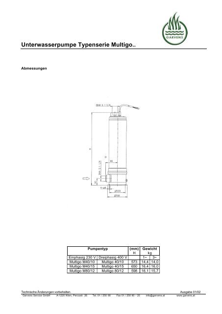 Unterwasserpumpe Typenserie Multigo.. - Garvens