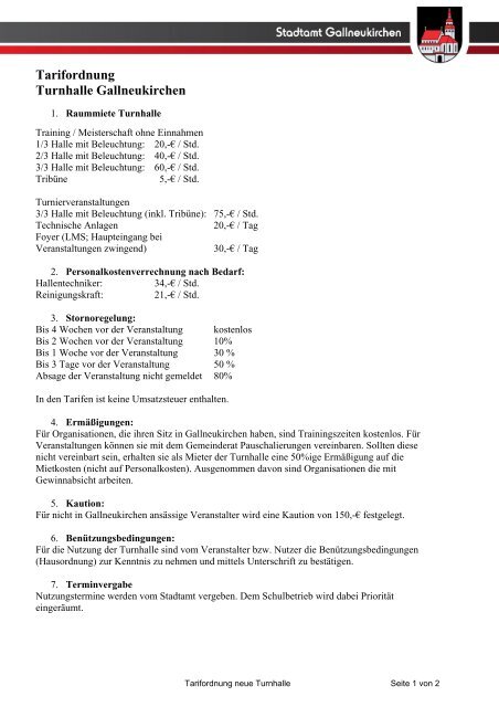 Tarifordnung neue Turnhalle - Gallneukirchen