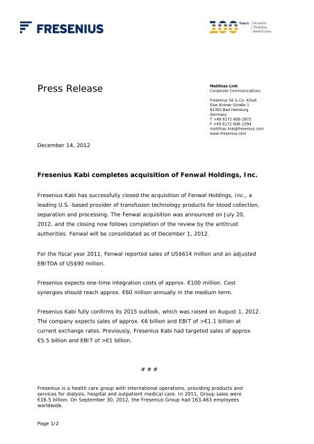 Fresenius Kabi completes acquisition of Fenwal Holdings, Inc