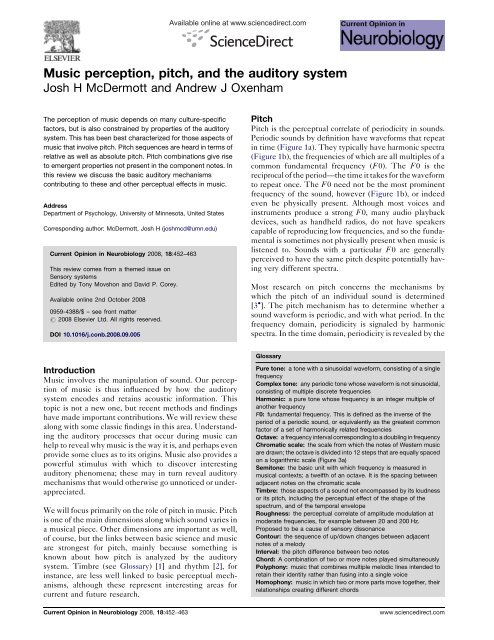(2008). ?Music perception, pitch, and the auditory system,?