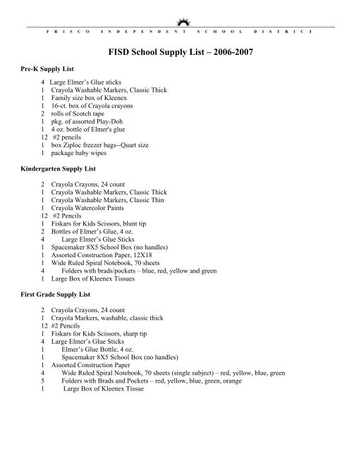 Elementary Supply List for Grades PK-5 (Printable ... - Frisco ISD