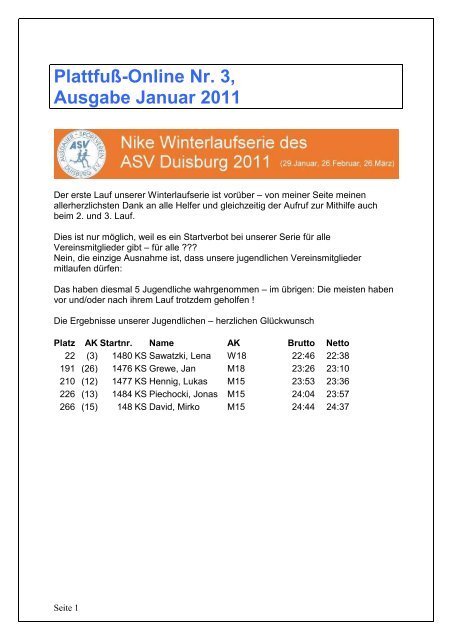 Plattfuß-Online Nr. 3, Ausgabe Januar 2011 - ASV Duisburg