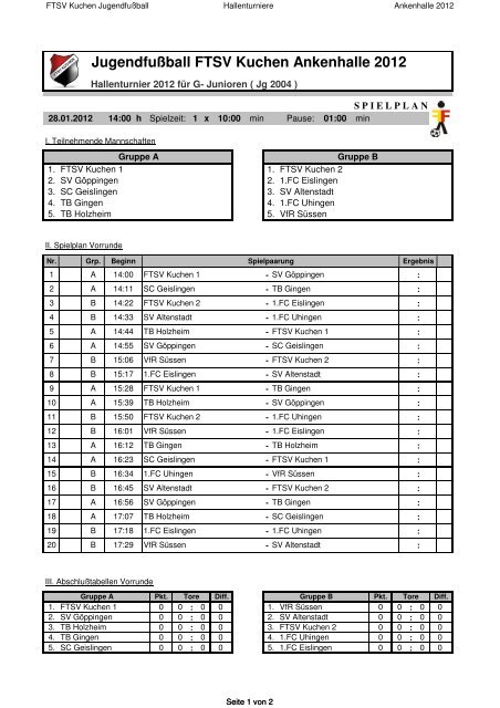 Spielplan Hallenturnier 2012- G Jugend - FTSV Kuchen