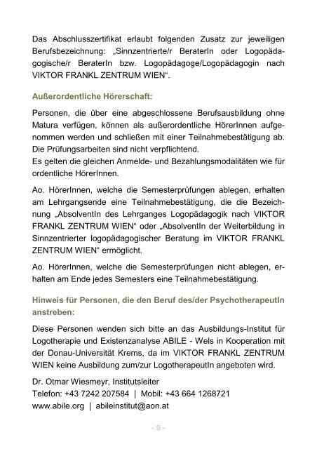 VIKTOR FRANKL ZENTRUM WIEN Lehrgangsheft