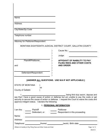 affidavit of inability to pay gallatin county montana