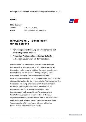 Innovative Mtu-Technologien für die Schiene