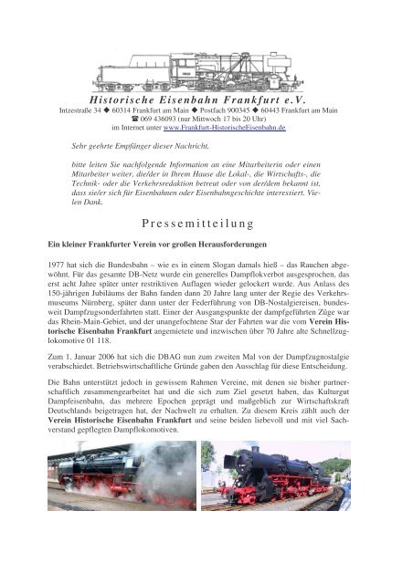 Pressemitteilung - Historische Eisenbahn Frankfurt