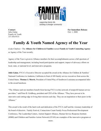 For Immediate Release - Family and Youth Counseling Agency