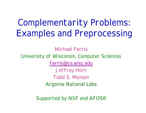 Complementarity Problems: Examples and Preprocessing - Gams