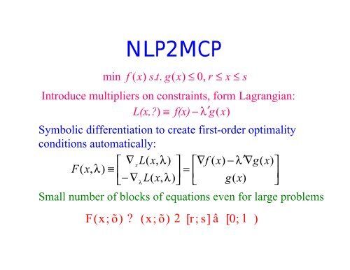 Complementarity Problems: Examples and Preprocessing - Gams