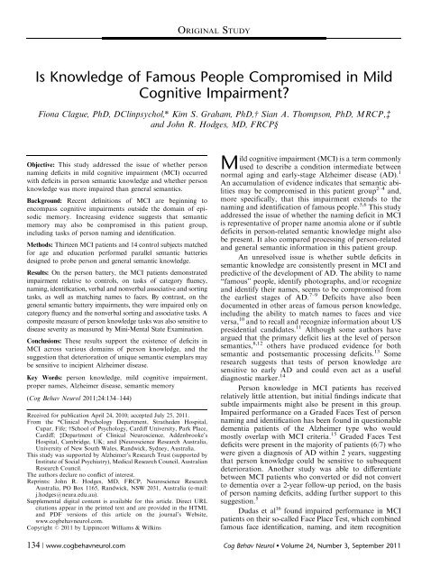 Is Knowledge of Famous People Compromised in Mild Cognitive ...