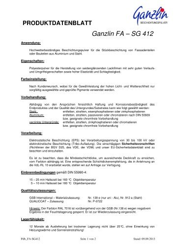 Produktdatenblatt FA - SG 412 - Ganzlin Beschichtungspulver GmbH