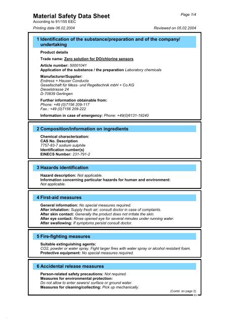 Material Safety Data Sheet Endress Hauser