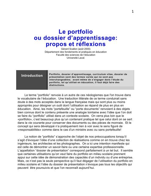 Le portfolio ou dossier d'apprentissage - Faculté des sciences de l ...