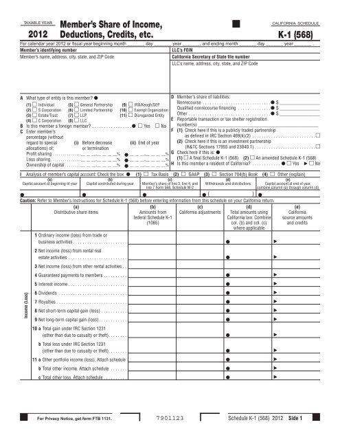 2012 Schedule K-1 (568) -- Member's Share of Income, Deductions ...