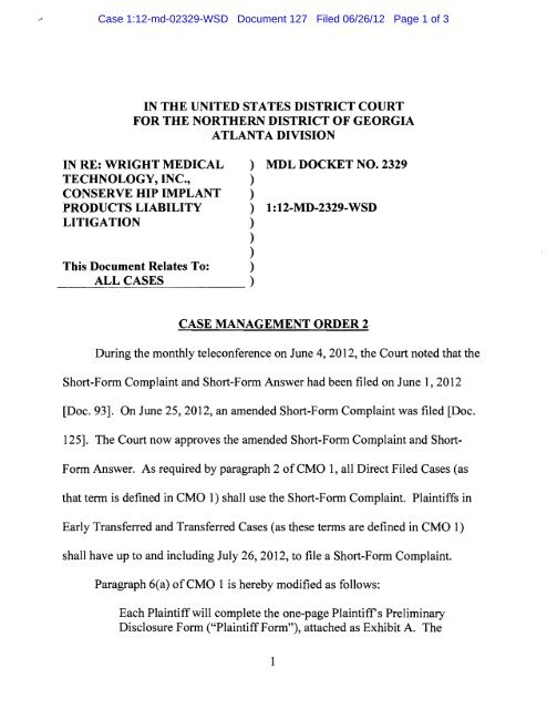 Case Management Order No. 2 (Doc. 127) - United States District