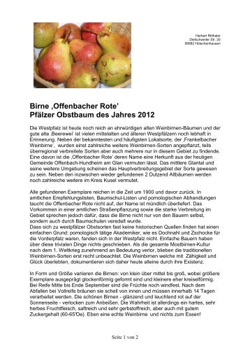 Birne ‚Offenbacher Rote' Pfälzer Obstbaum des ... - Gartenakademie