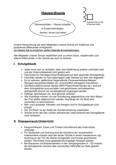 Hausordnung II. Klassenraum/Unterricht