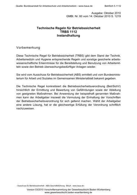 TRBS 1112 "Instandhaltung" - Gewerbeaufsicht - Baden-Württemberg